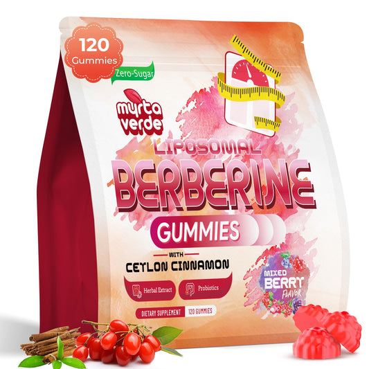 Package of myra verde Liposomal Berberine Gummies with Ceylon Cinnamon and Mixed Berry flavor on a white background.