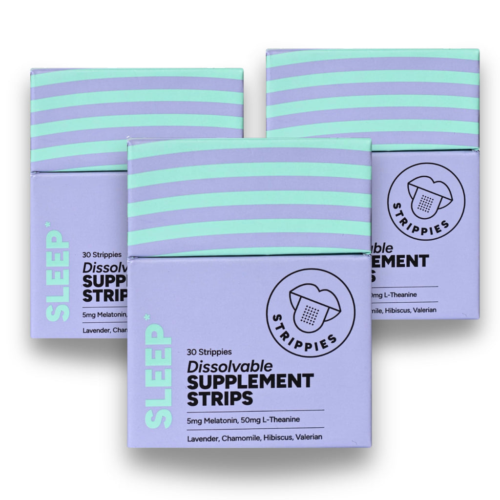 Three boxes of Strippies sleep dissolvable supplement strips on a white background