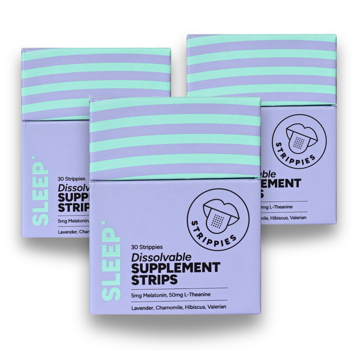 Three boxes of Strippies sleep dissolvable supplement strips on a white background