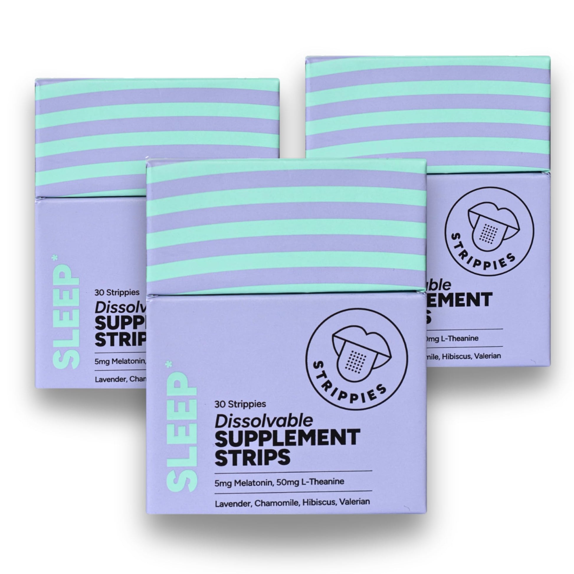Three boxes of Strippies sleep dissolvable supplement strips on a white background
