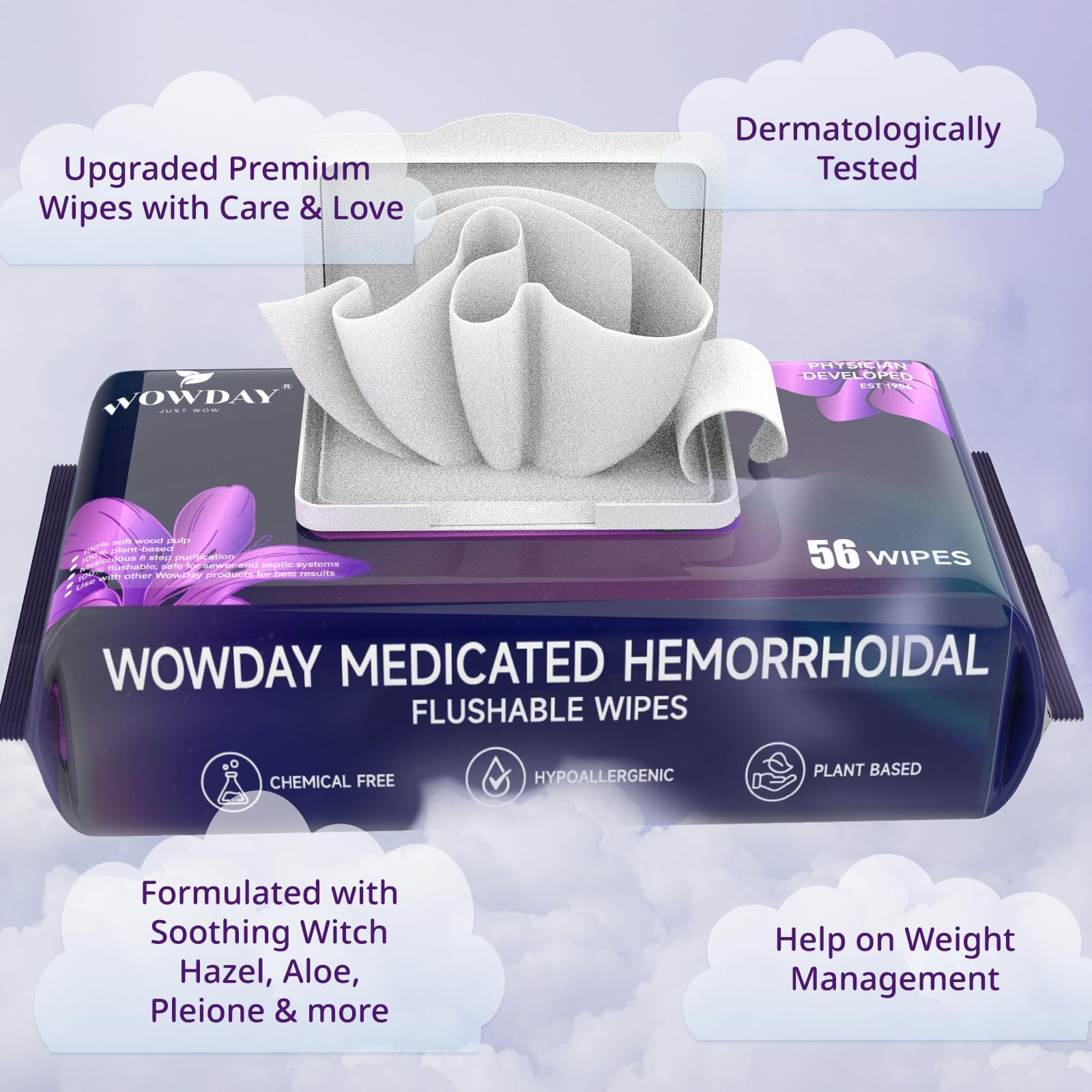 Wowday Flushable Hemorrhoid Wipes | Maximum Strength Witch Hazel Wipes | 56 Count Fragrance Free Adult Hemorrhoids Medicated Witch Hazels Wipe for Butt Hemorrhoidal Itch WowDayBuy Supplements Australia