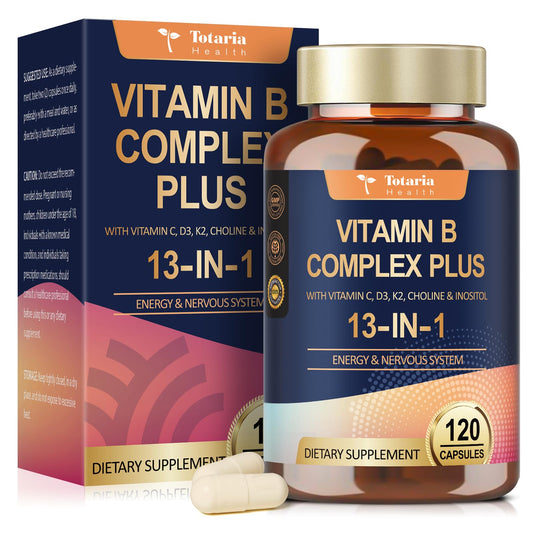 13-in-1 Vitamin B Complex Plus with Vitamin B1, B2, B3 (Niacinamide), B4, B5, B6, B7 (Biotin), B8 (Inositol), B9 (Folate), B12, C, D3, K2 - Energy, Nerve,