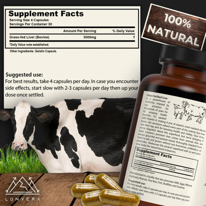 Lonvera Grass Fed Beef Liver Capsules for Women and Men – 3000mg Freeze Dried Desiccated Organs – Nutrient Source for Joints, Bones, Hair, Skin