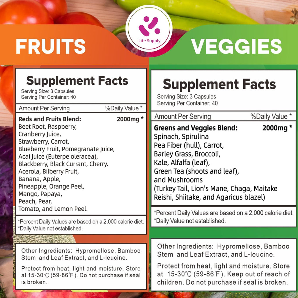 Lite Supply Fruits and Veggies Supplement 240 Caps - 120 Fruit and 120 Veggie Capsules - Whole Food & Natural Superfood Filled with Vitamins & Minerals for Women, Men Supports Energy Levels Lite SupplyBuy Supplements Australia