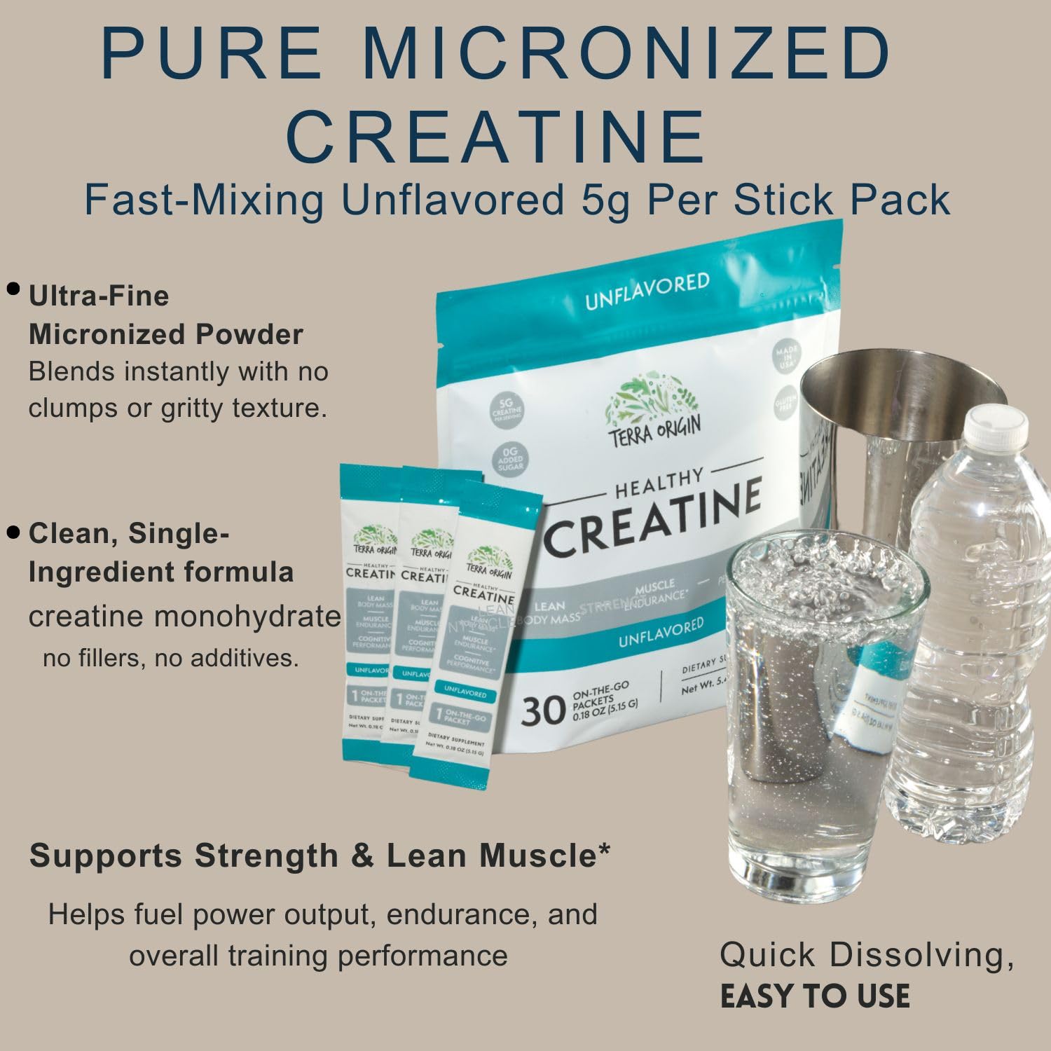TERRA ORIGIN Healthy Creatine Micronized Monohydrate Powder | 30 Stick Packs | Support for Muscle and Cognitive Performance* | Supplement for Women and Men
