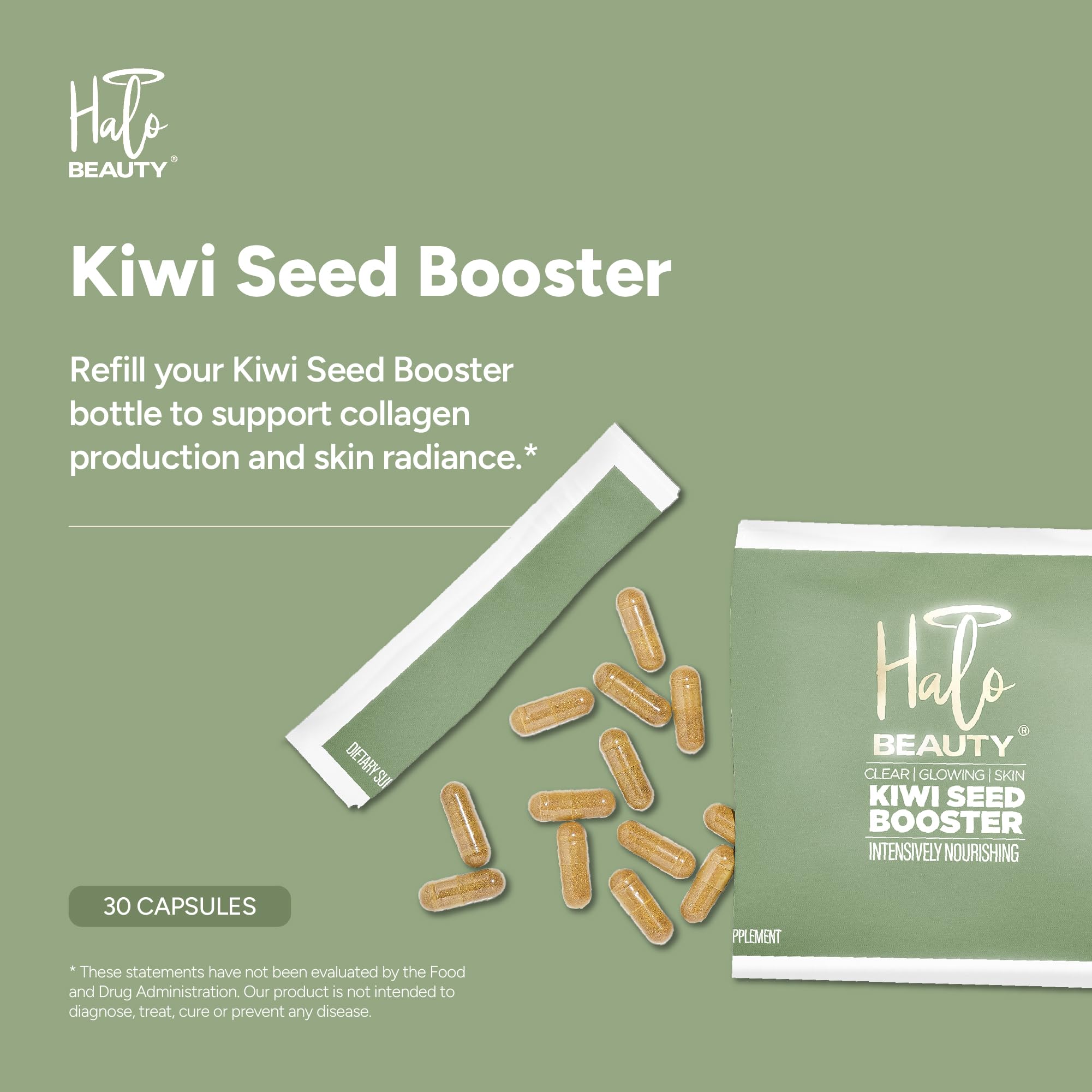 Halo Beauty Kiwi Seed Booster Skin Supplement Refill Pack | Anti-Aging Hydration & Glowing Skin Support with Kiwi Seed, Vitamin C, D3 & Zinc | Vegan Collagen Support Capsules | 1-Month Supply Halo BeautyBuy Supplements Australia