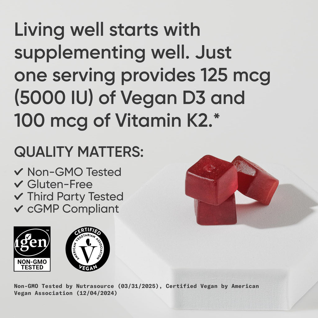 Sports Research® Vegan Vitamin D3 + K2 Sugar-Free Gummies - 125mcg (5000iu) Vitamin D w/ 100mcg Mk7 Vitamin K - Supports Bone & Immune Health* - Vegan Certified · Non-GMO · Soy Free - 60 Count Sports Research buy supplements Au
