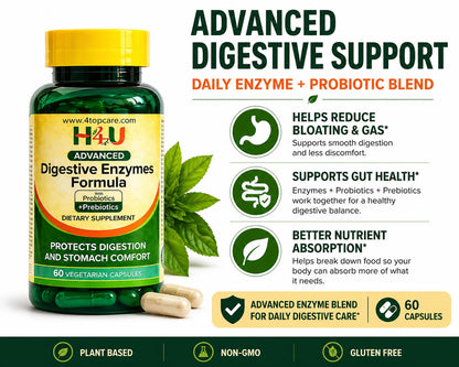 H4U Advanced Digestive Enzymes with Probiotics & Prebiotics – Multi Enzyme Supplement for Gut Health, Digestion Support, Bloating Relief & Stomach Comfort,