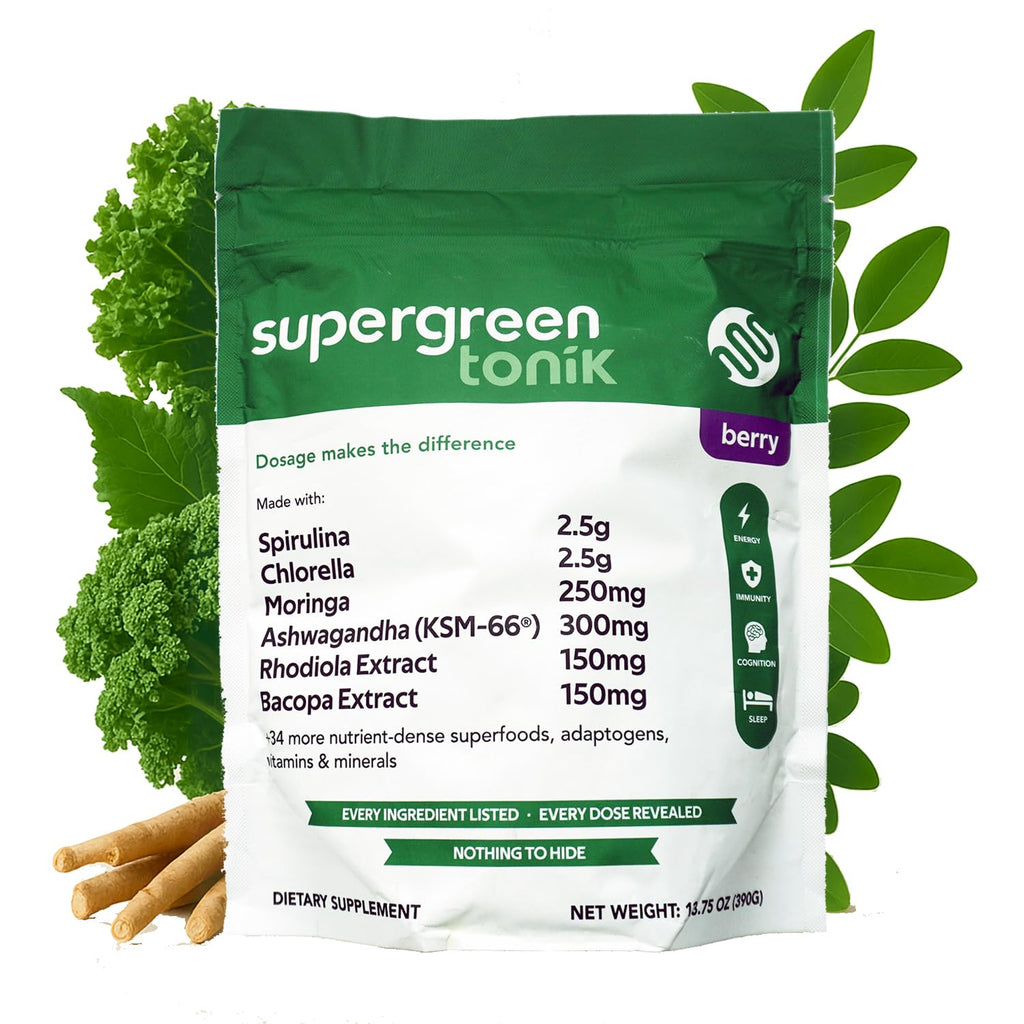 SUPERGREEN TONIK 100% Natural Greens Superfood Powder – Daily Supplement with 40 Superfoods, Vitamins and Minerals – Supports Energy, Stress and Immunity – 30 Days 360 Grams Berry Flavor (1 Bag) SUPERGREEN TONIKBuy Supplements Australia