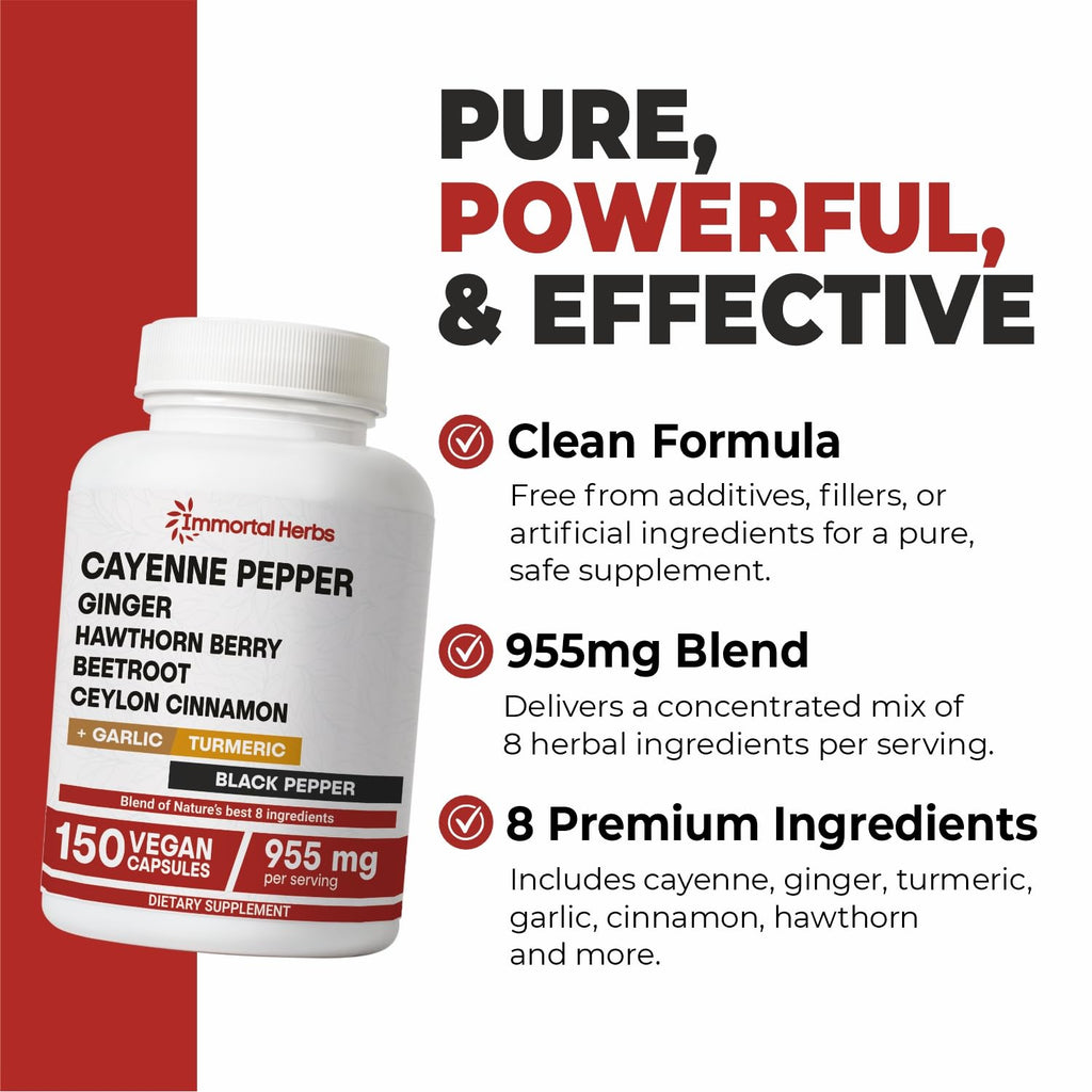 Immortal Herbs Cayenne Pepper Capsules w/Garlic, Ginger, Hawthorn, Turmeric, Cinnamon, Beet Root and Black Pepper Extract, 150 Cayenne Capsules, Non-GMO & Gluten Free Capsaicin Supplement Immortal Herbs buy supplements Au