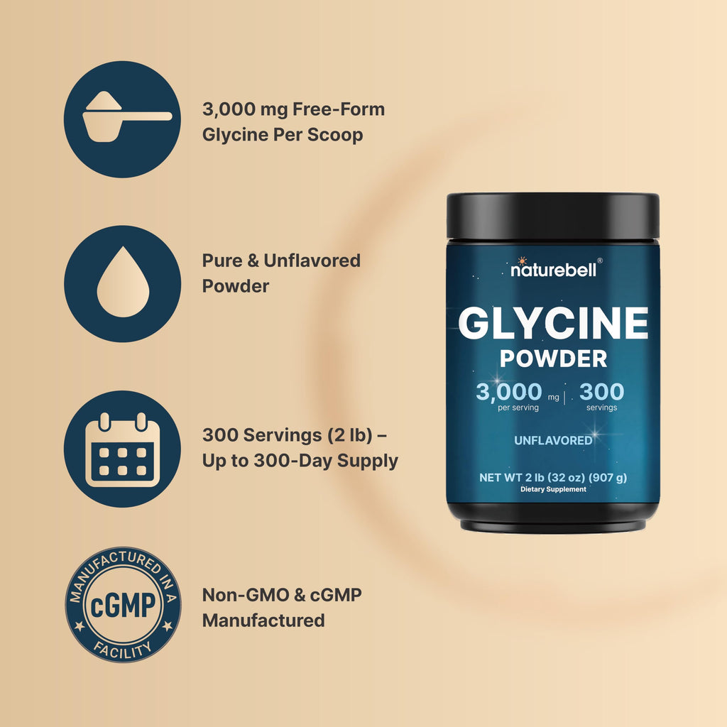 Glycine Powder, 300 Servings (2 lb) – 3,000 mg Free-Form Glycine Per Serving – Unflavored Pure Powder – Non-GMO, cGMP Manufactured NatureBellBuy Supplements Australia