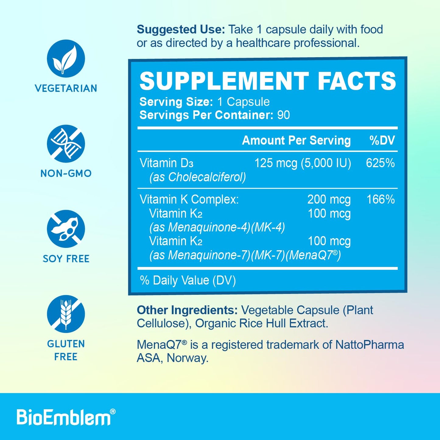 BioEmblem Vitamin D3 K2 Capsules (5000IU and 200mcg) - Patented MK7 and MK4 for 3-in-1 Complex Support - Vegetarian Vitamin D K2 Supplement for Teeth, Heart, Immune System - Non-GMO, 90 Caps BioEmblem buy supplements Au