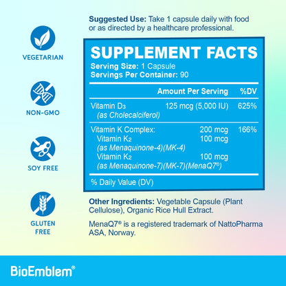 BioEmblem Vitamin D3 K2 Capsules (5000IU and 200mcg) - Patented MK7 and MK4 for 3-in-1 Complex Support - Vegetarian Vitamin D K2 Supplement for Teeth, Heart, Immune System - Non-GMO, 90 Caps BioEmblem buy supplements Au