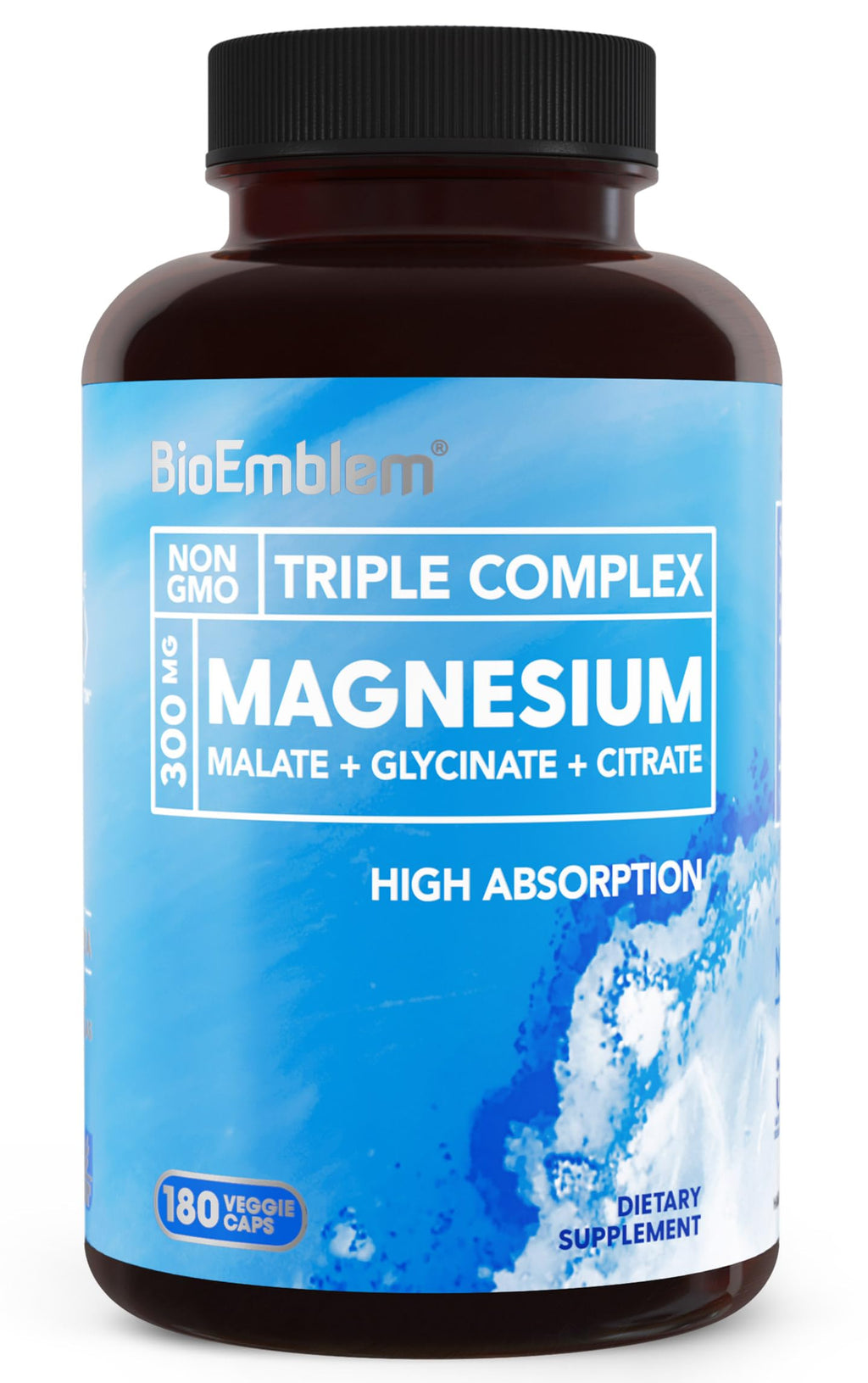 Supplement bottle labeled 'Triple Complex Magnesium' by BioEmblem on a white background