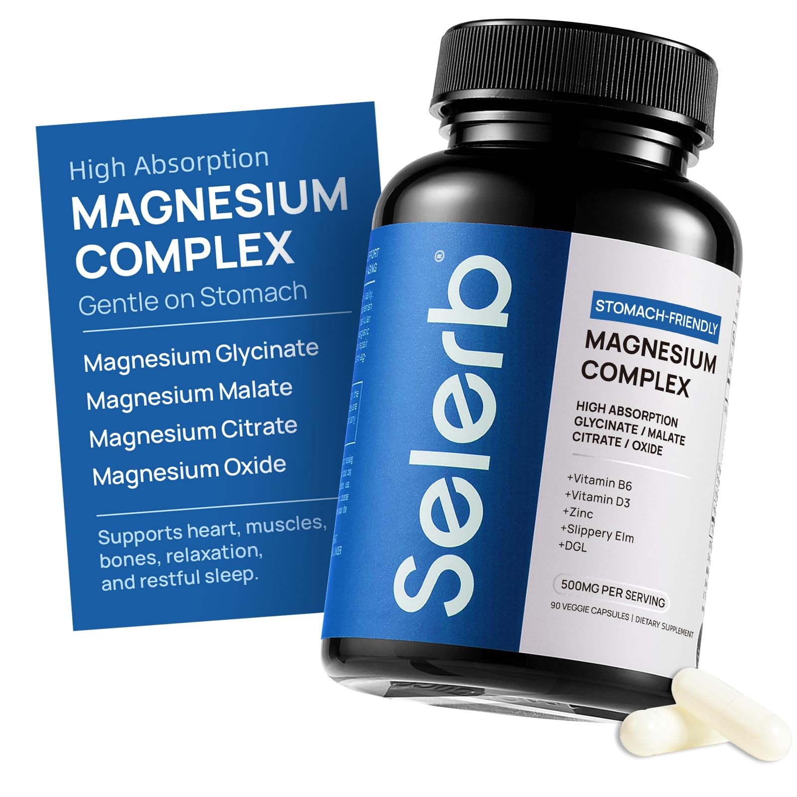 Selerb magnesium supplement bottle with label and capsule on a white background