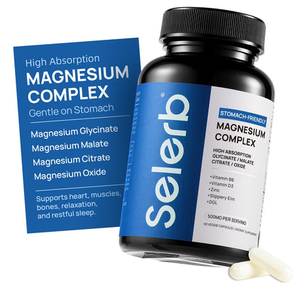 Selerb magnesium supplement bottle with label and capsule on a white background