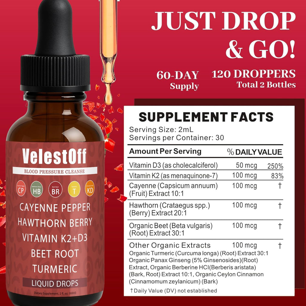 Velestoff Cayenne Pepper | Cayenne Heart & Circulation Blend – Botanical Extracts with Hawthorn, Beet Root, Turmeric, Vitamin K2 & D3 – Daily Wellness Drops (2 fl oz) (1) DFTLUUE buy supplements Au