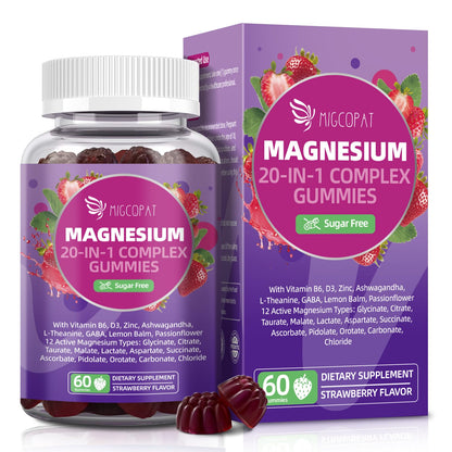 Migcopat Magnesium Complex Gummies, 20 in 1 Magnesium Gummy with Glycinate Citrate Malate Taurate - Ashwagandha, L-Theanine, D3&Zinc for Relaxation, Sleep, Muscle&Heart Support, Strawberry, 60 Cts MigcopatBuy Supplements Australia