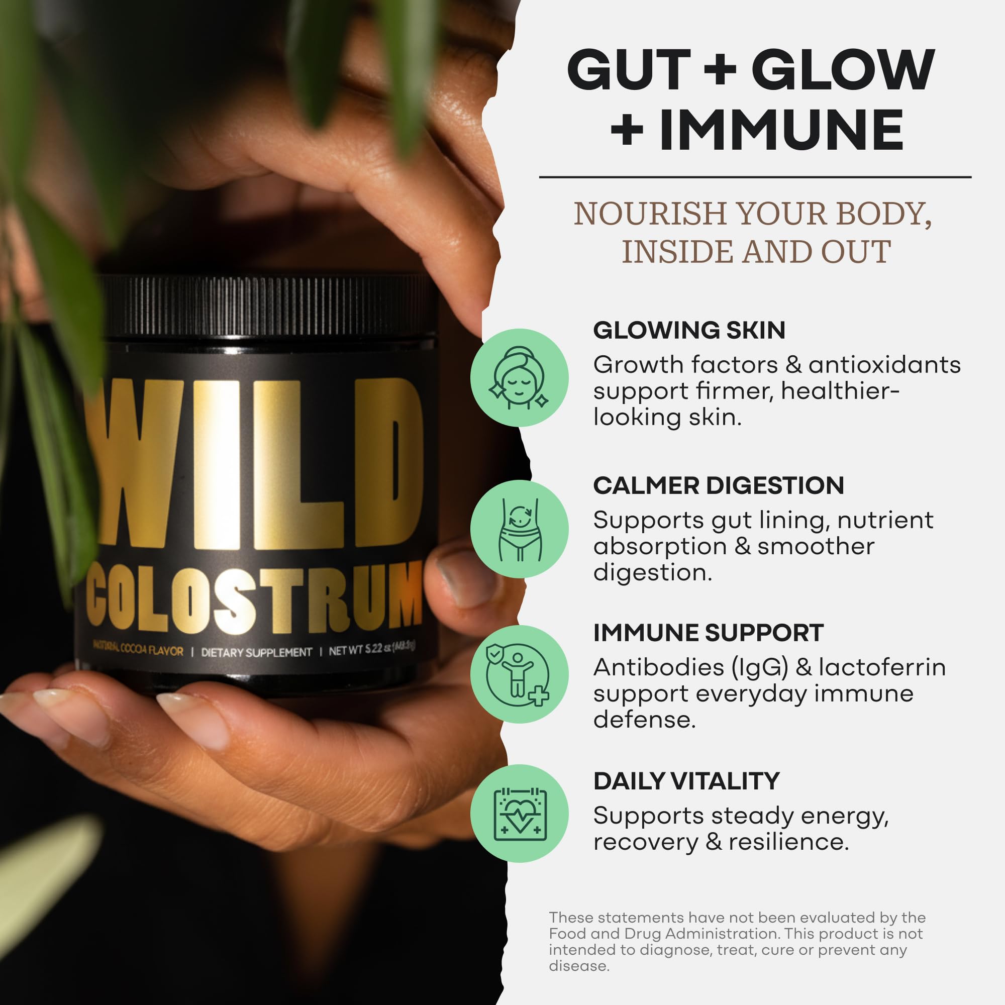 Colostrum Supplement - Grass Fed Pure Bovine Colostrum Powder - 2000mg & 400mg IgG (calostro bovino) - Gut, Immunity, Skin, Hair Support - Sugar Free, Natural Cacao Flavour, 30 Servings Wild FoodsBuy Supplements Australia