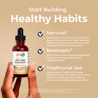 MaryRuth Organics Lions Mane Mushroom Supplement, Up to 1 Month Supply, Nootropic USDA Organic Lions Mane Extract Nervine Herbal Liquid Drops, Brain Health Non-GMO