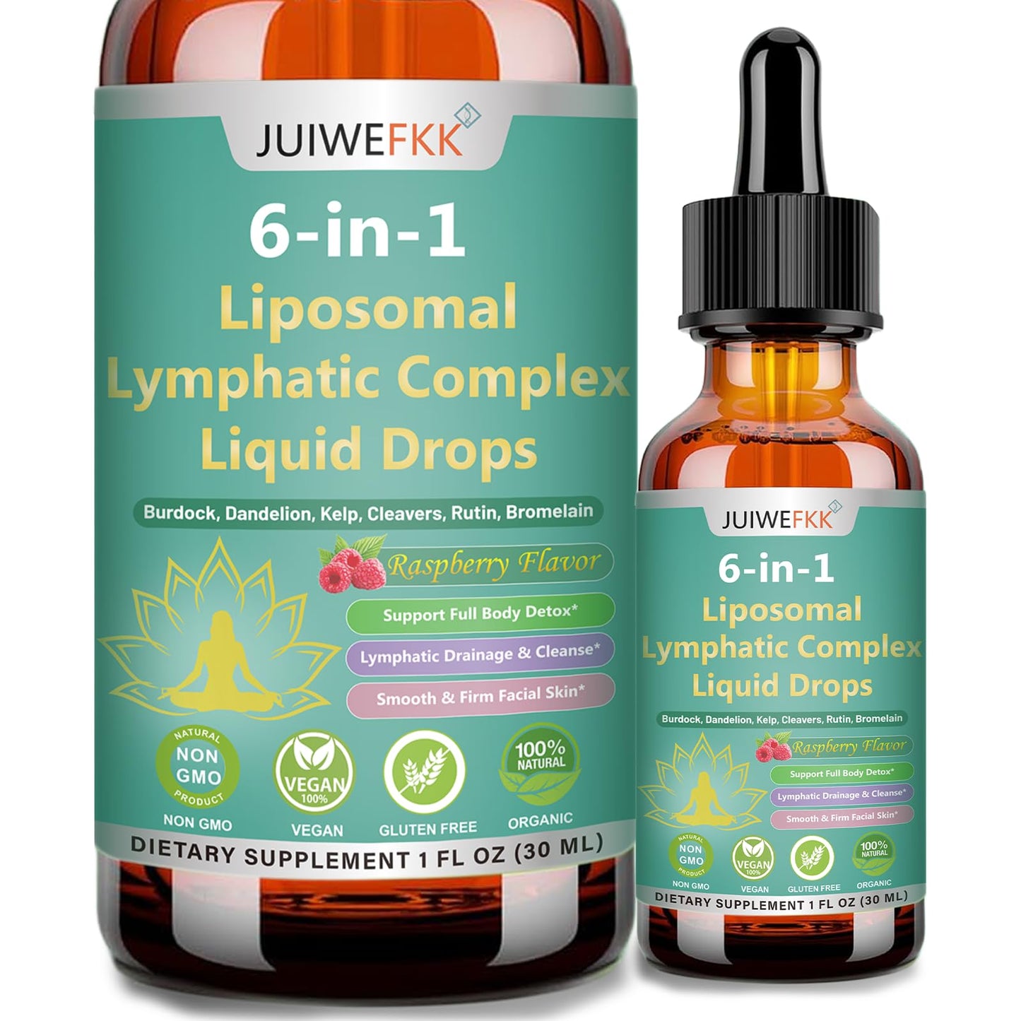 Two bottles of JUIWE FKK 6-in-1 Liposomal Lymphatic Complex Liquid Drops on a white background