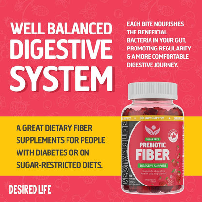 Desired Life Prebiotic Fiber Gummies for Adults and Kids – 4g Sugar Free Natural Berry Flavored Gummies - Supports Digestive Health