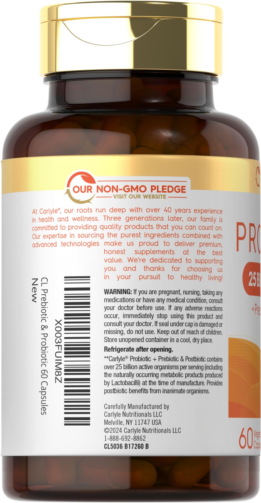 Carlyle Probiotic with Prebiotics & Postbiotics | 25 Billion CFU | 60 Capsules | Supplement for Women & Men | Powder Pills
