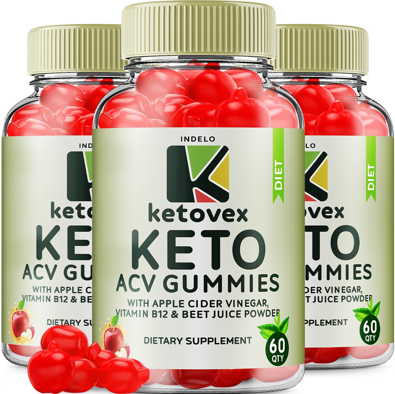 Three bottles of Ketovex Keto ACV Gummies on a white background