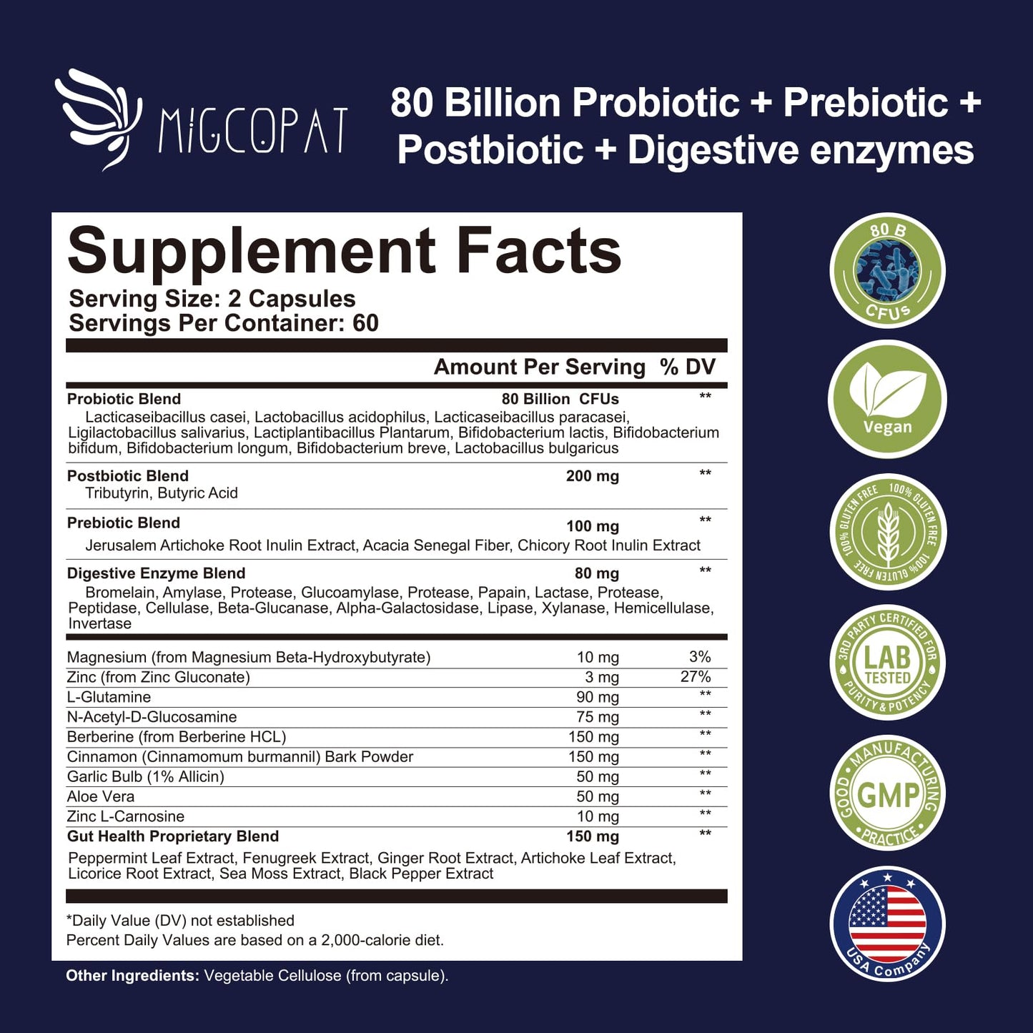 Migcopat Probiotic Prebiotic, Postbiotic & Digestive Enzymes for Digestive Health, 80 Billion CFU Probiotics Complete Gut Support with Berberine, Cinnamon, L-Glutamine