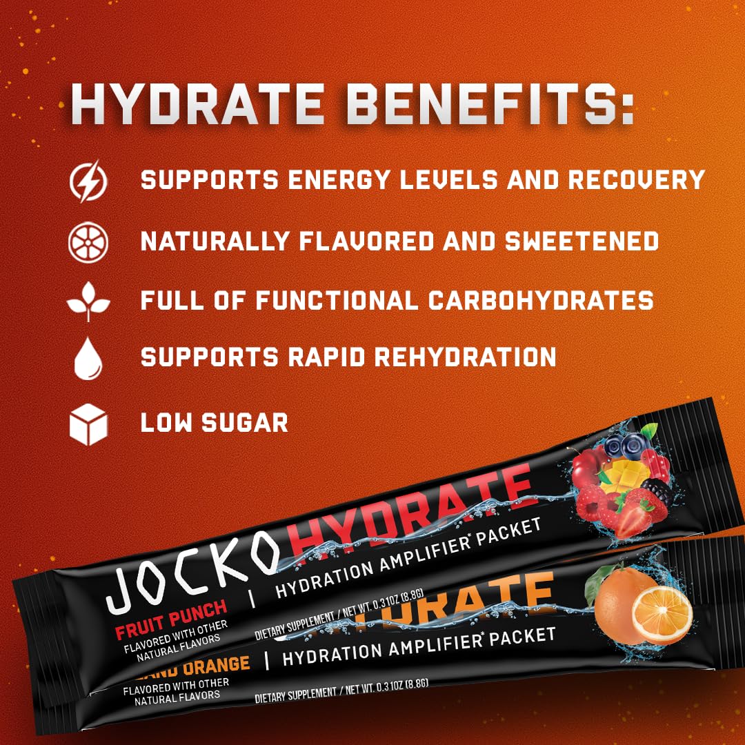 Jocko Fuel Hydrate Electrolytes Powder Packets Low Sugar - Hydration Amplifier Packets for Recovery, Dehydration, & Exercise - with Vitamins B6, B12 & C