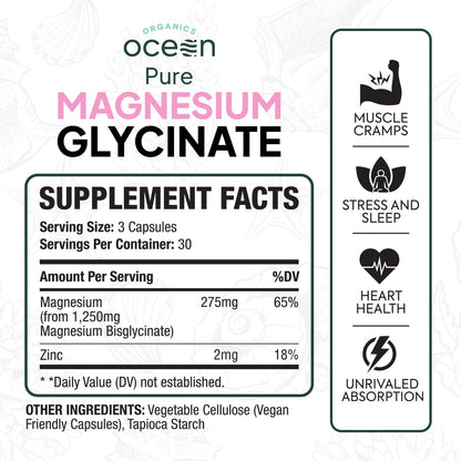 Organics Ocean Pure Magnesium Glycinate with Zinc - Maximum Strength Chelated Magnesium Supplement for Women and Men for Muscle Cramps and Sleep Support - 90 Capsule Organics Ocean buy supplements Au