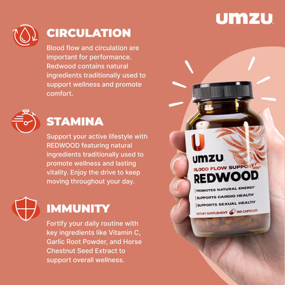 UMZU Redwood Nitric Oxide Booster, (30 Day Supply) – Vitamin C, Garlic & Horse Chestnut – Healthy Circulation & Endurance – Daily Cardiovascular Support Nitric Oxide