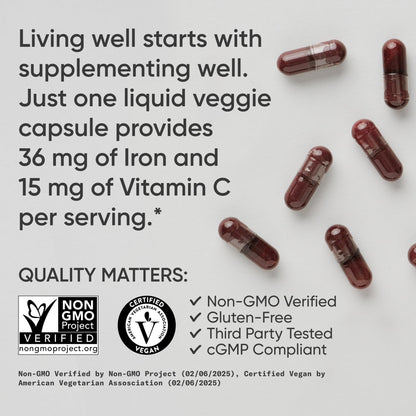 Sports Research® Blood Balance Iron Supplement - 36 MG Iron + Folate & Vitamin C for Absorption - Red Blood Cell Support for Women & Men* - Vegan Certified · Non-GMO · Gluten-Free - 90 Capsules Sports Research buy supplements Au