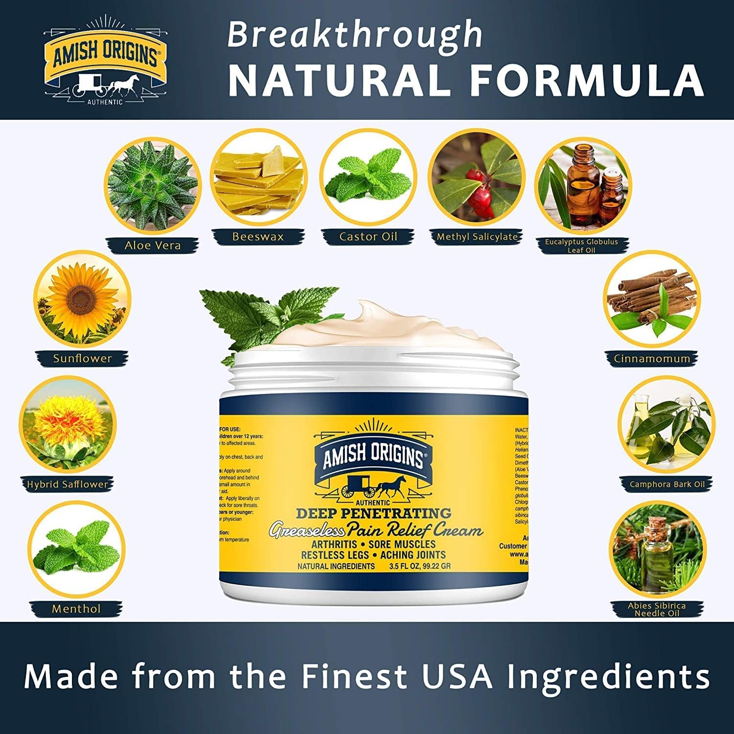 Amish Origins Arthritis Pain Relief Cream - 3.5 oz - Maximum Strength Deep Penetrating for Joint, Muscle, Knee, Back, Feet, Hand, Ankle, Aches, 1 Pack Amish OriginsBuy Supplements Australia