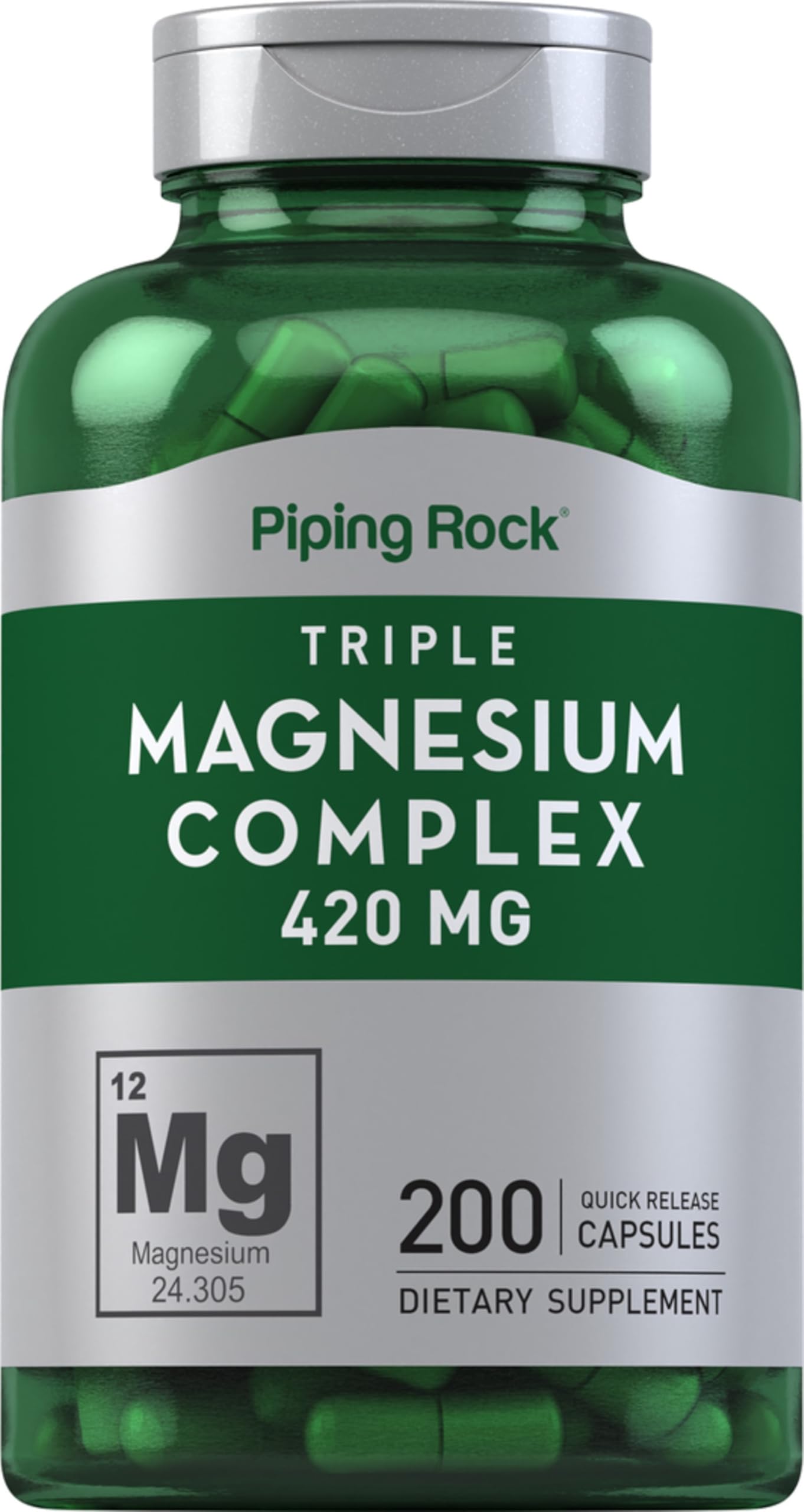Green supplement bottle labeled 'Triple Magnesium Complex 420 MG' by Piping Rock with a silver cap.