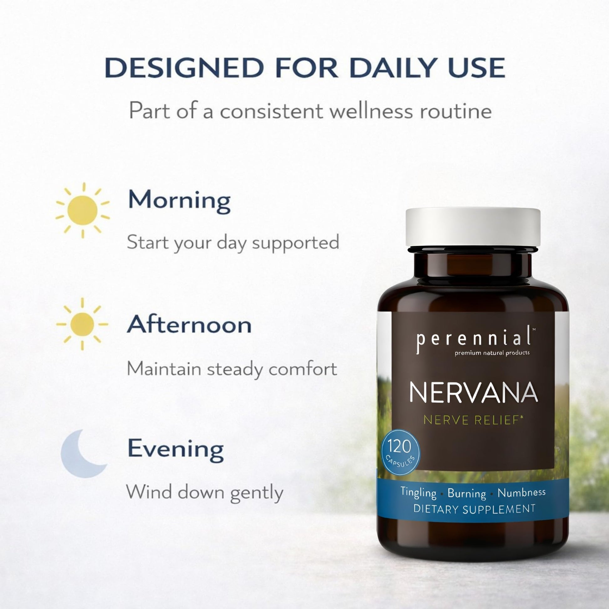 Perennial Nervana – Herbal Nerve Support for Tingling, Burning & Numbness Relief – Promotes Calm Focus & Stress Resilience – Non-Drowsy Mood Balance – 120ct* PerennialBuy Supplements Australia