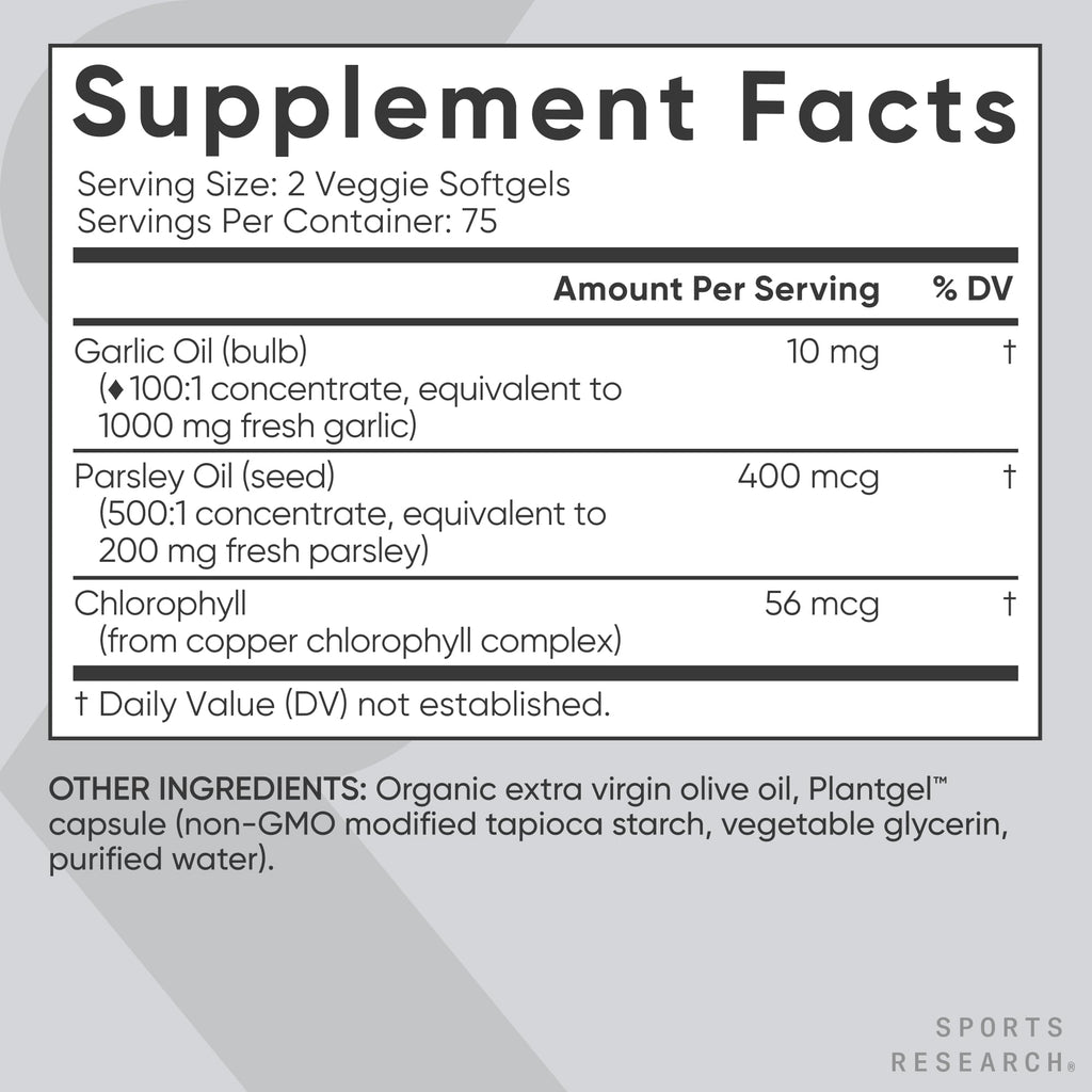 Sports Research® Odorless Garlic Oil Pills with Parsley & Chlorophyll - Vegan Certified · Non-GMO · Gluten Free - 150 Plantgel Capsules Sports Research buy supplements Au
