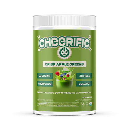 Green supplement container labeled 'Cheerific Crisp Apple Greens' on a white background