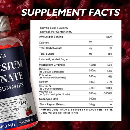 Magnesium Glycinate 400mg Gummies, Sugar Free Magnesium Gummies with Vitamins D, B6 for Sleep Support,
