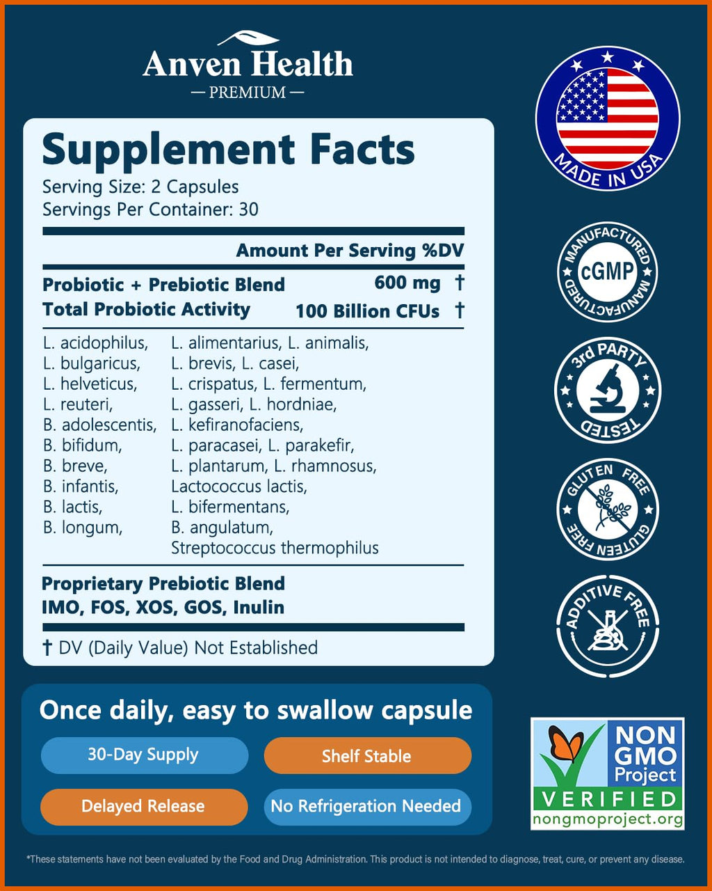 Anven Health 100 Billion Probiotics for Men and Women 27 Strains 5 Organic Prebiotics for Gut Digestive & Immune Health, Supports Diarrhea Gas Bloating,