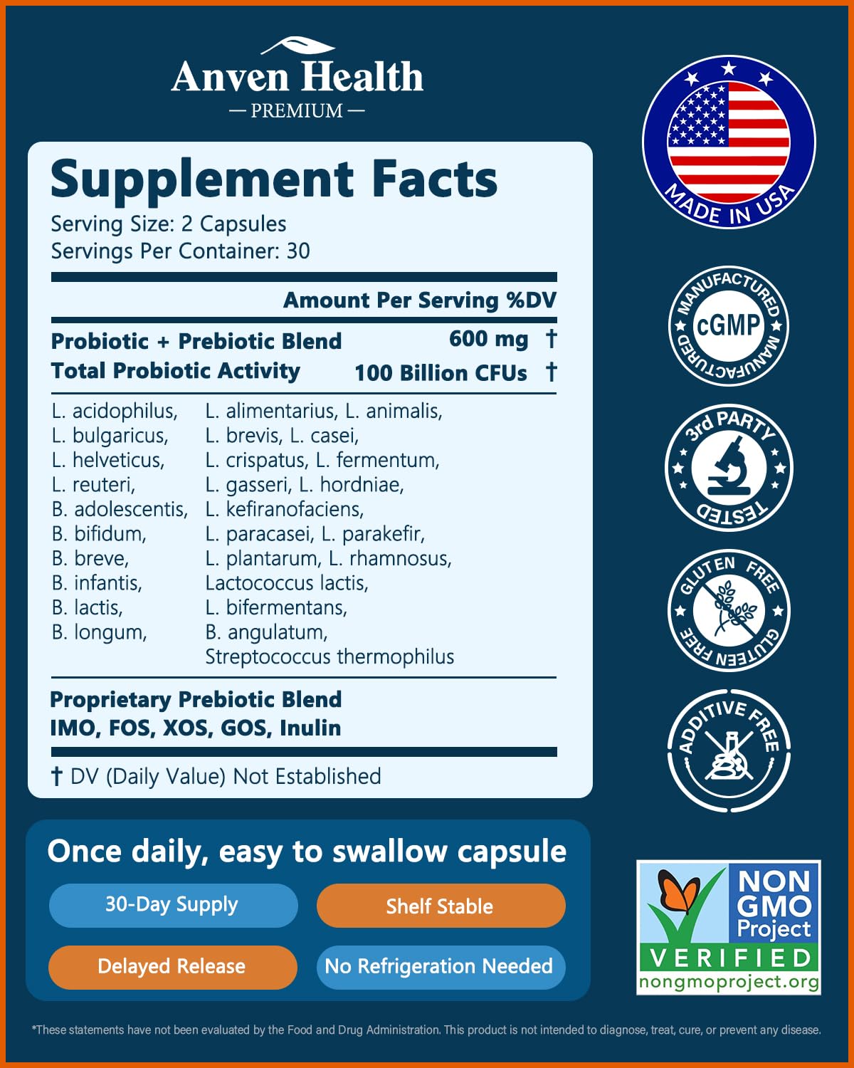 Anven Health 100 Billion Probiotics for Men and Women 27 Strains 5 Organic Prebiotics for Gut Digestive & Immune Health, Supports Diarrhea Gas Bloating