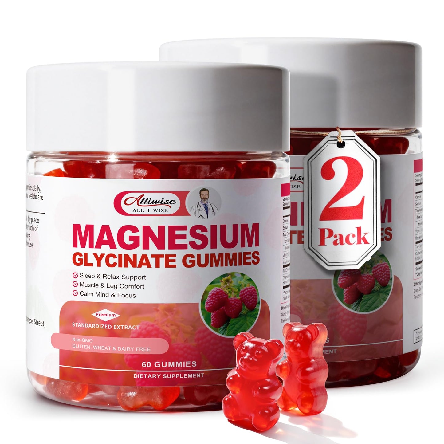 2pack Magnesium Glycinate Gummies 600mg for Sleep & Calm, Sugar Free Magnesium Gummies for Adults with Vitamin D3, Tart Cherry & Chamomile,Clump-Resistant Formula, Third-Party Tested, 120 Count AlliwiseBuy Supplements Australia