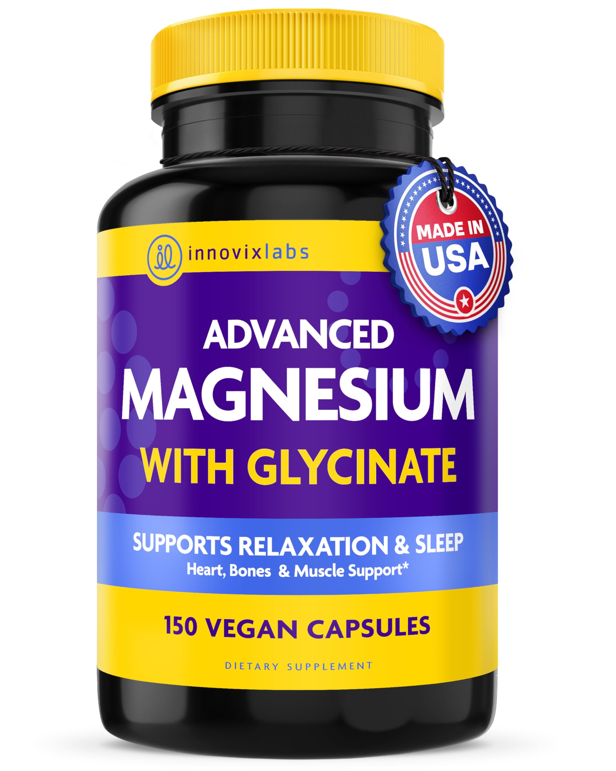 Supplement bottle labeled 'Advanced Magnesium with Glycinate' by InnovixLabs on a white background.