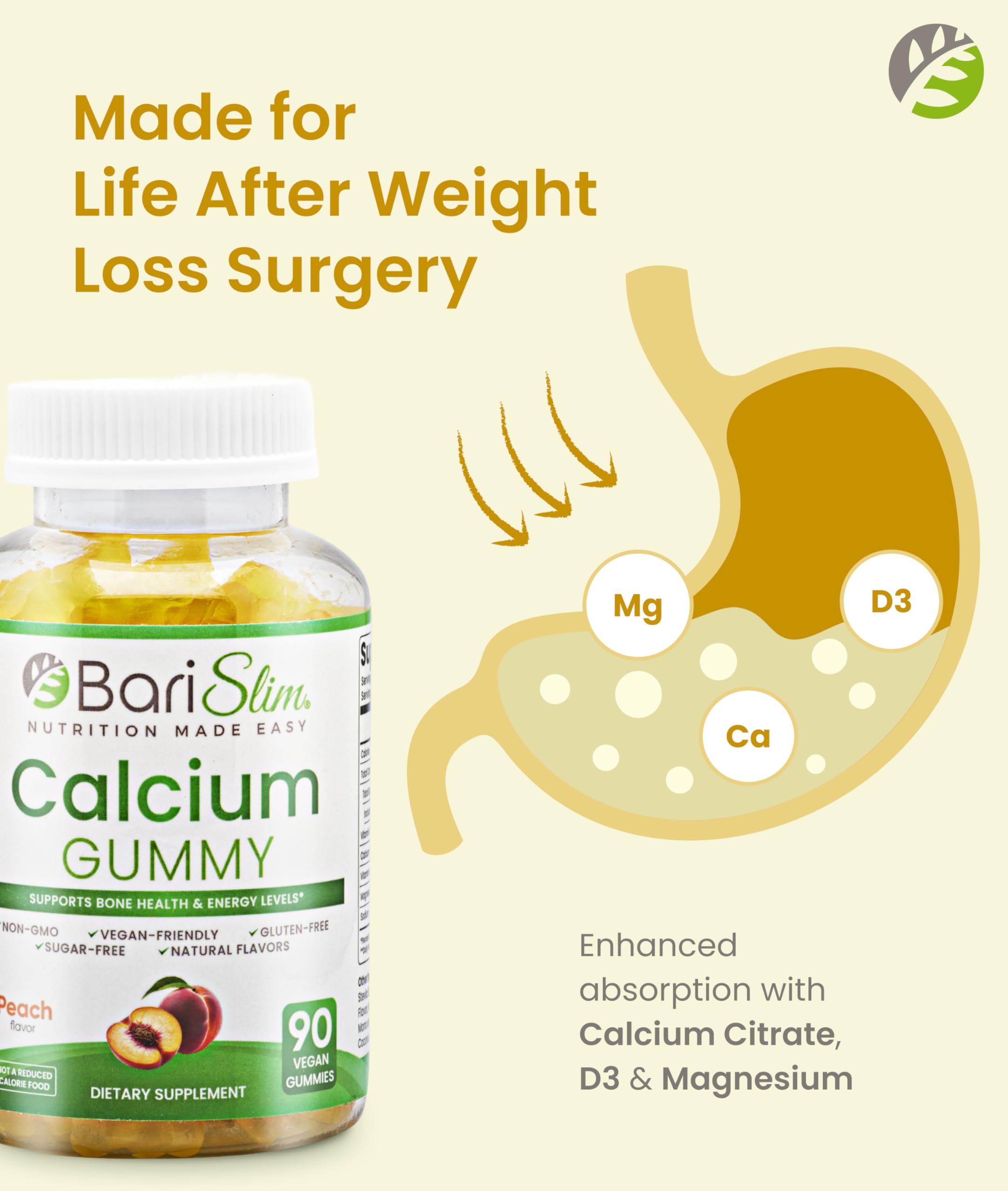 BariSlim Bariatric Calcium Gummies - Specially Formulated Bariatric Vitamins for Patients After Weight Loss Surgery - Supports Energy Levels & Bone Health | Peach (90 Vegan Gummies) BariSlim buy supplements Au