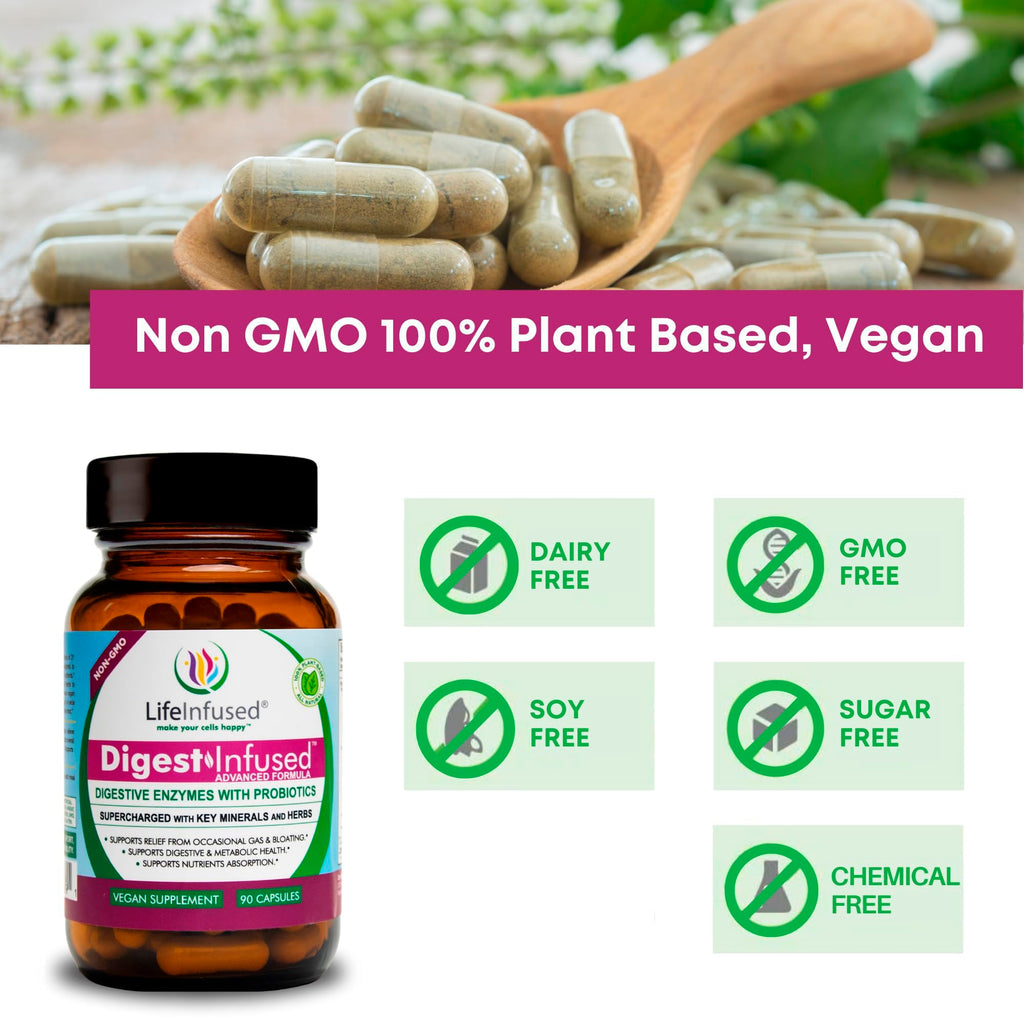 Life Infused Digestive Enzymes with Probiotics – 21 Plant-Based Enzymes with Bromelain, Papain, Amylase & Protease – Digestive Support for Gas & Bloating –