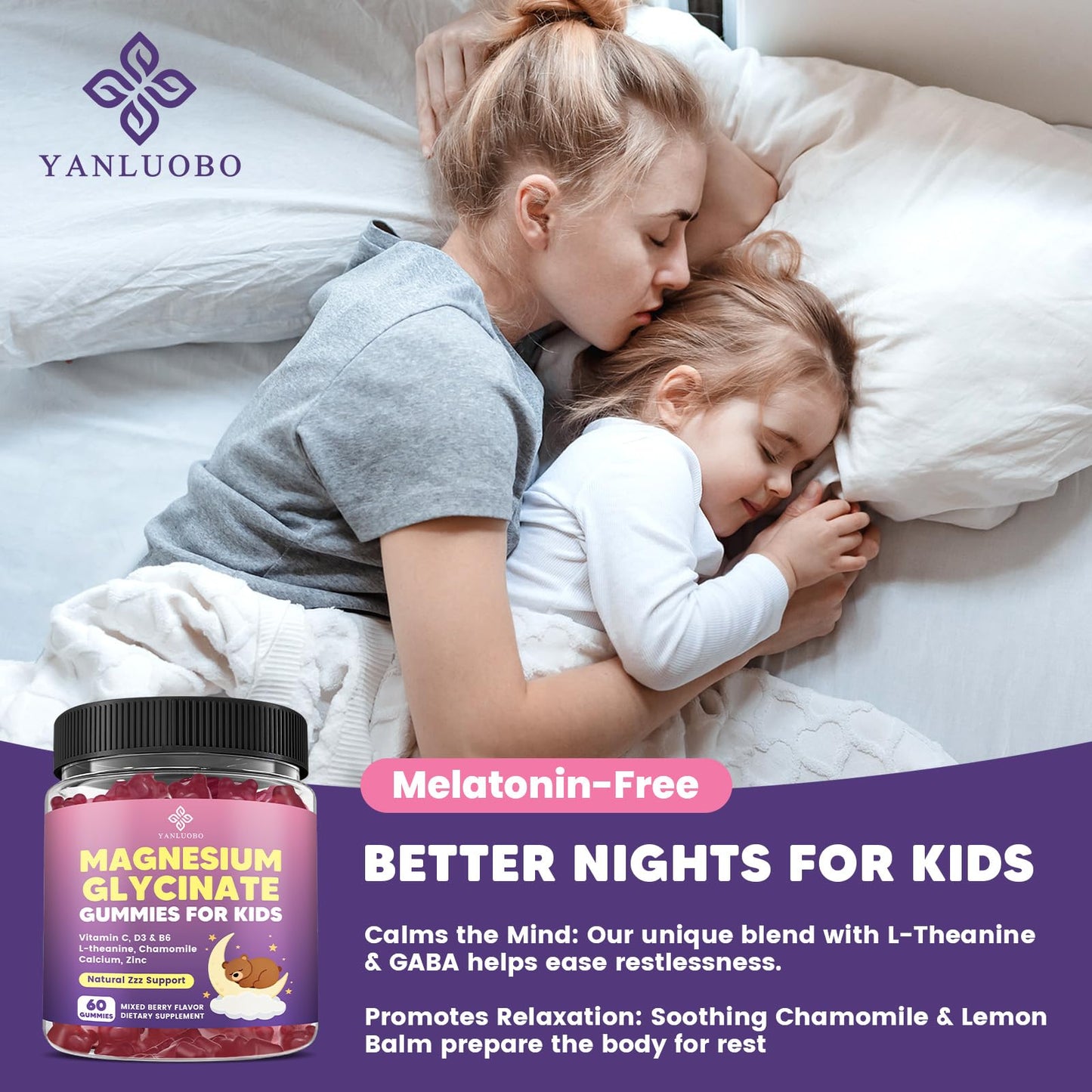 YANLUOBO Kids Magnesium Gummies, Magnesium Glycinate Gummies 400mg/200mg with L-Theanine, Chamomile, Vitamin B6, D3 for Kids, Relaxation & Zzz Support, Nerve Bone - Sugar Free Mixed Berry Flavor 60ct YANLUOBOBuy Supplements Australia