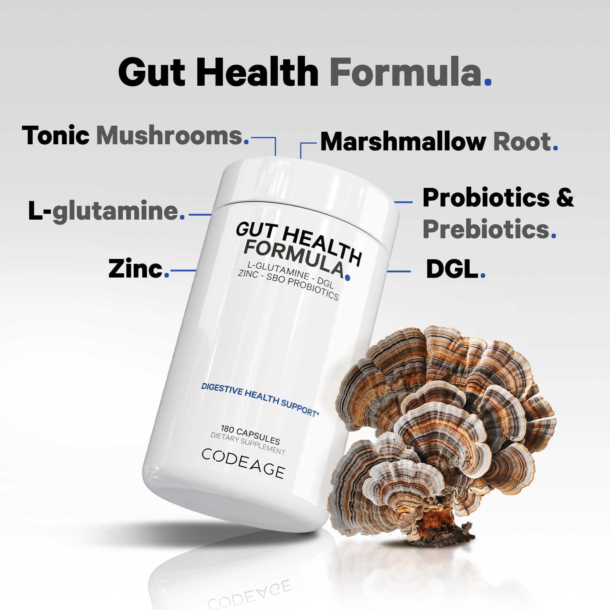 Codeage Gut Health Supplements Vegan Formula - L Glutamine, Zinc, Turkey Tail Mushroom Powder, Tonic Mushroom, Maitake, Micro Algae, Mineral, Licorice Root DGL - Probiotics, Prebiotics - 180 Capsules CodeageBuy Supplements Australia
