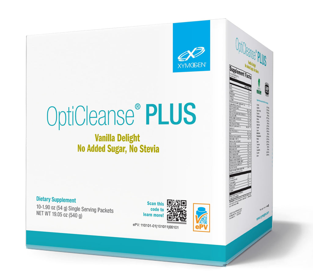 Box of OptiCleanse PLUS dietary supplement with Xymogen logo on a white background