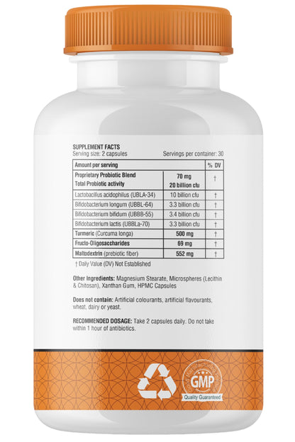 obel Probiotic & Prebiotic Supplement with Turmeric | 20 Billion CFU | 60 Capsules (30 Day Supply) | 4 Strains | Supports Digestion