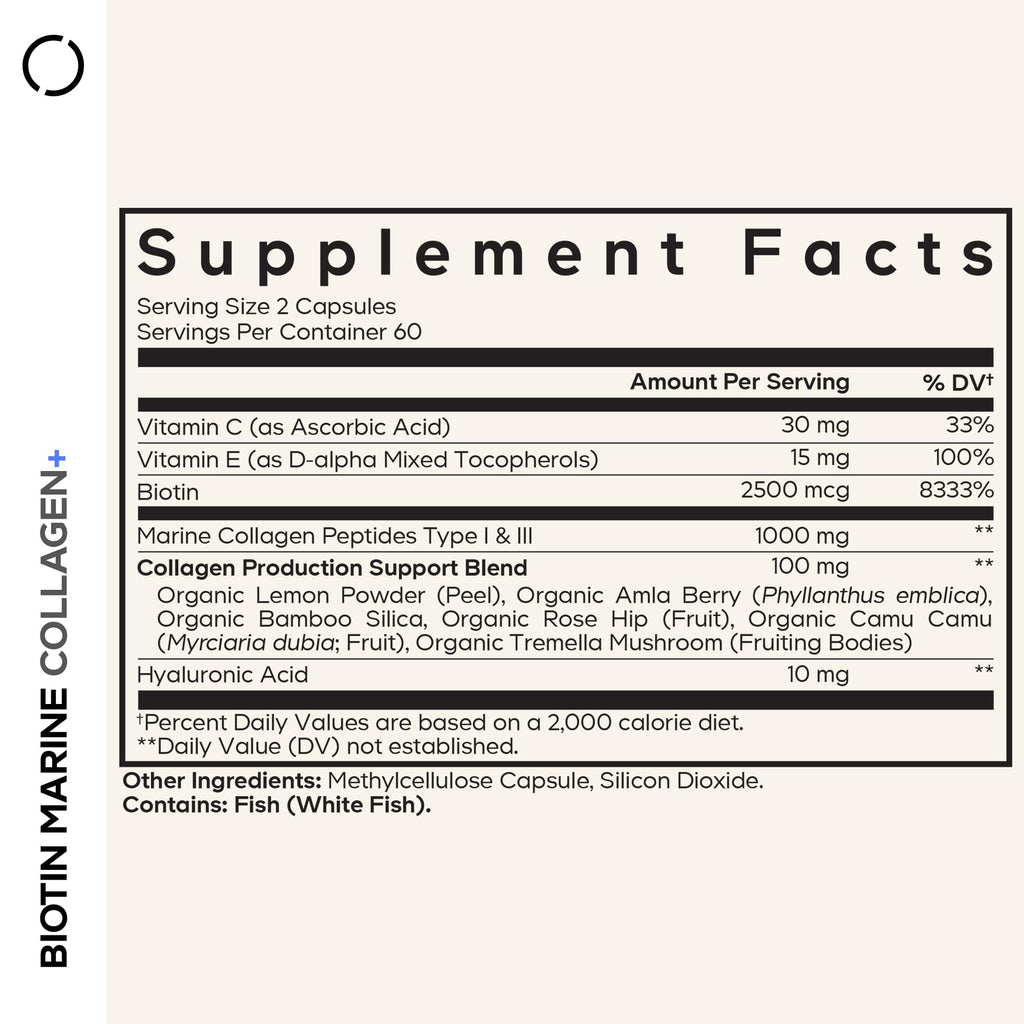 Codeage Biotin Marine Collagen Peptides - Wild-Caught Marine Collagen Types I & III, Biotin, Vitamins C & E, Hyaluronic Acid, Amino Acids, Fruit and Herb Blend, Non-GMO - 120 Capsules CodeageBuy Supplements Australia